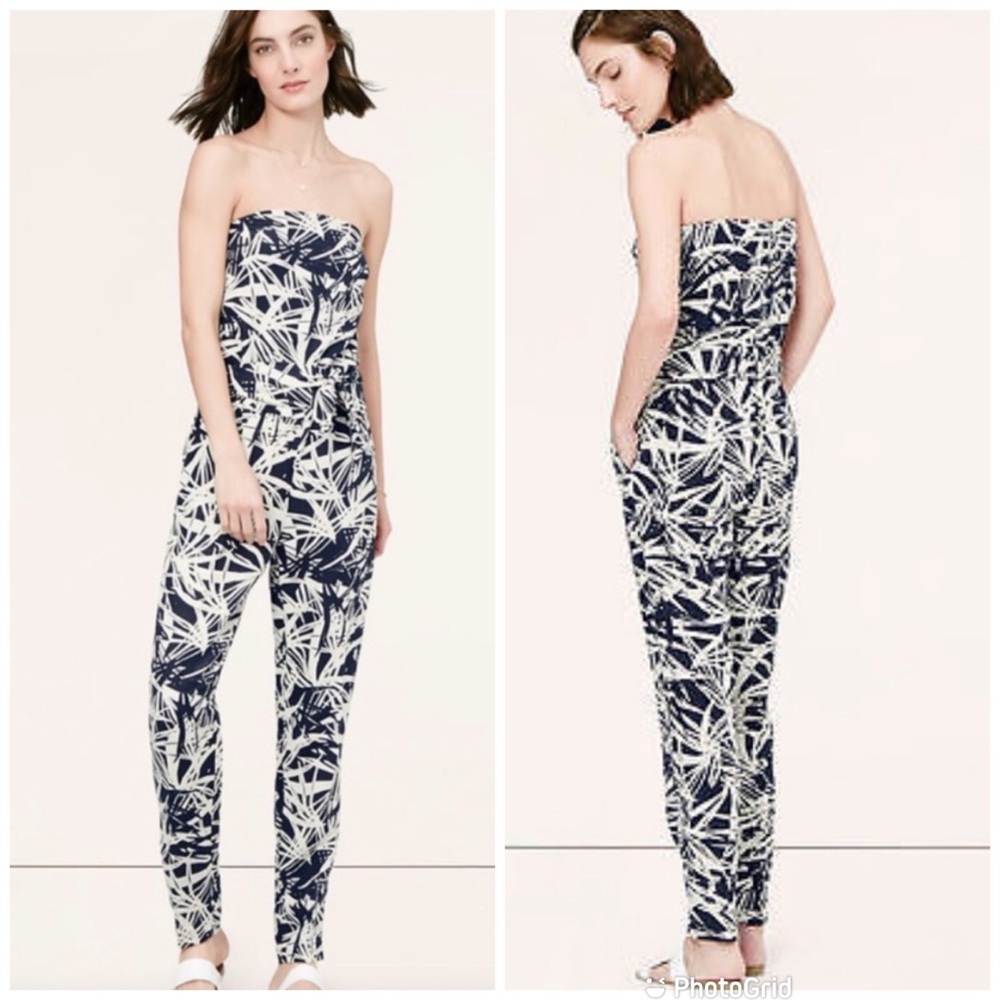 LOFT Navy Blue Linen Blend Strapless‎ Tapered Leg Jumpsuit Palm Print Size 0